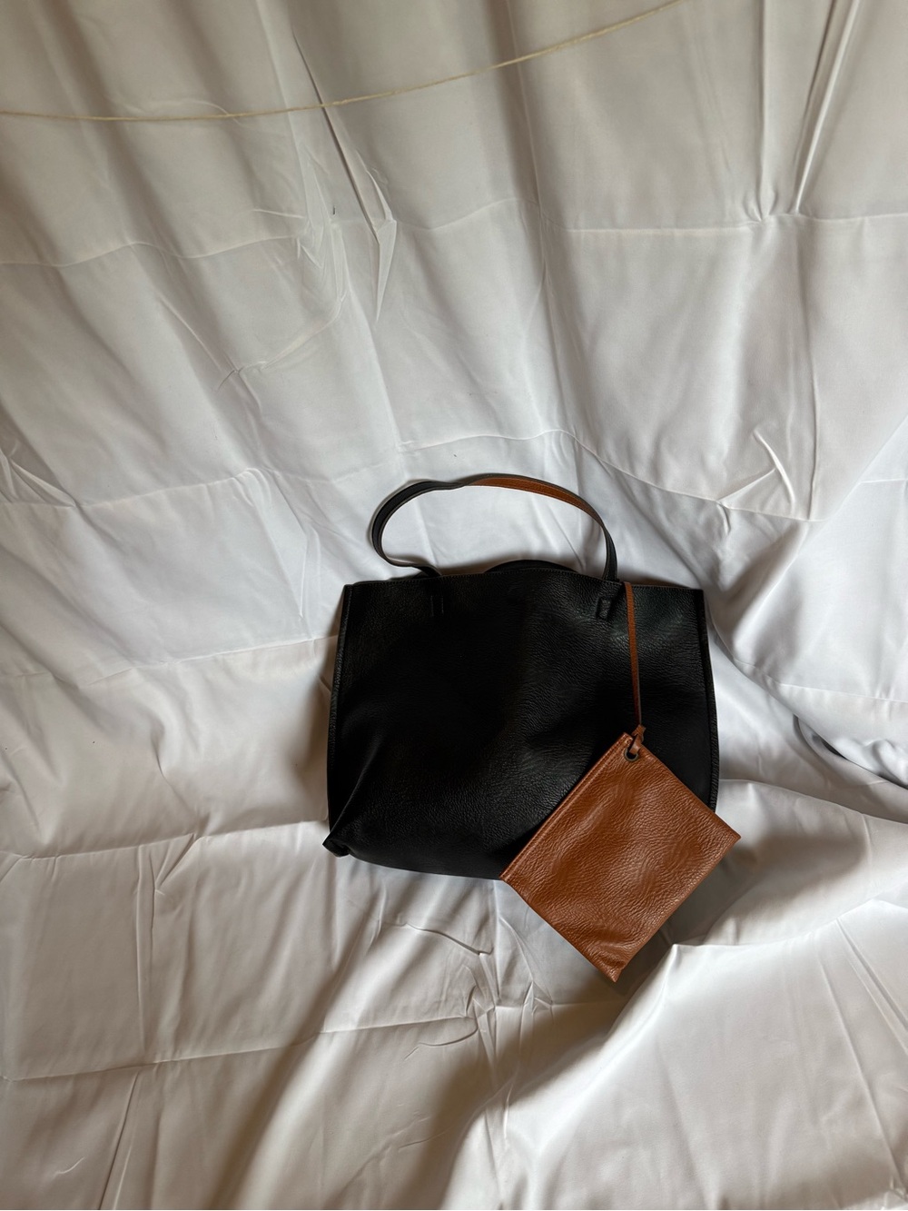 Black Tote Bag with Brown Pouch - Minimal Women's Shoulder Bag